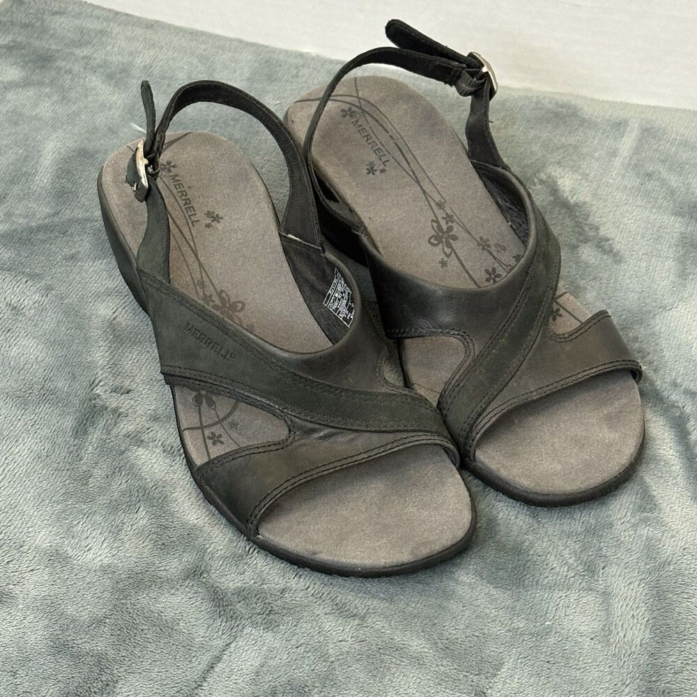 Merrell Primrose Sandals Womens Size 7 Black Leather Vibram Wedge Heels
